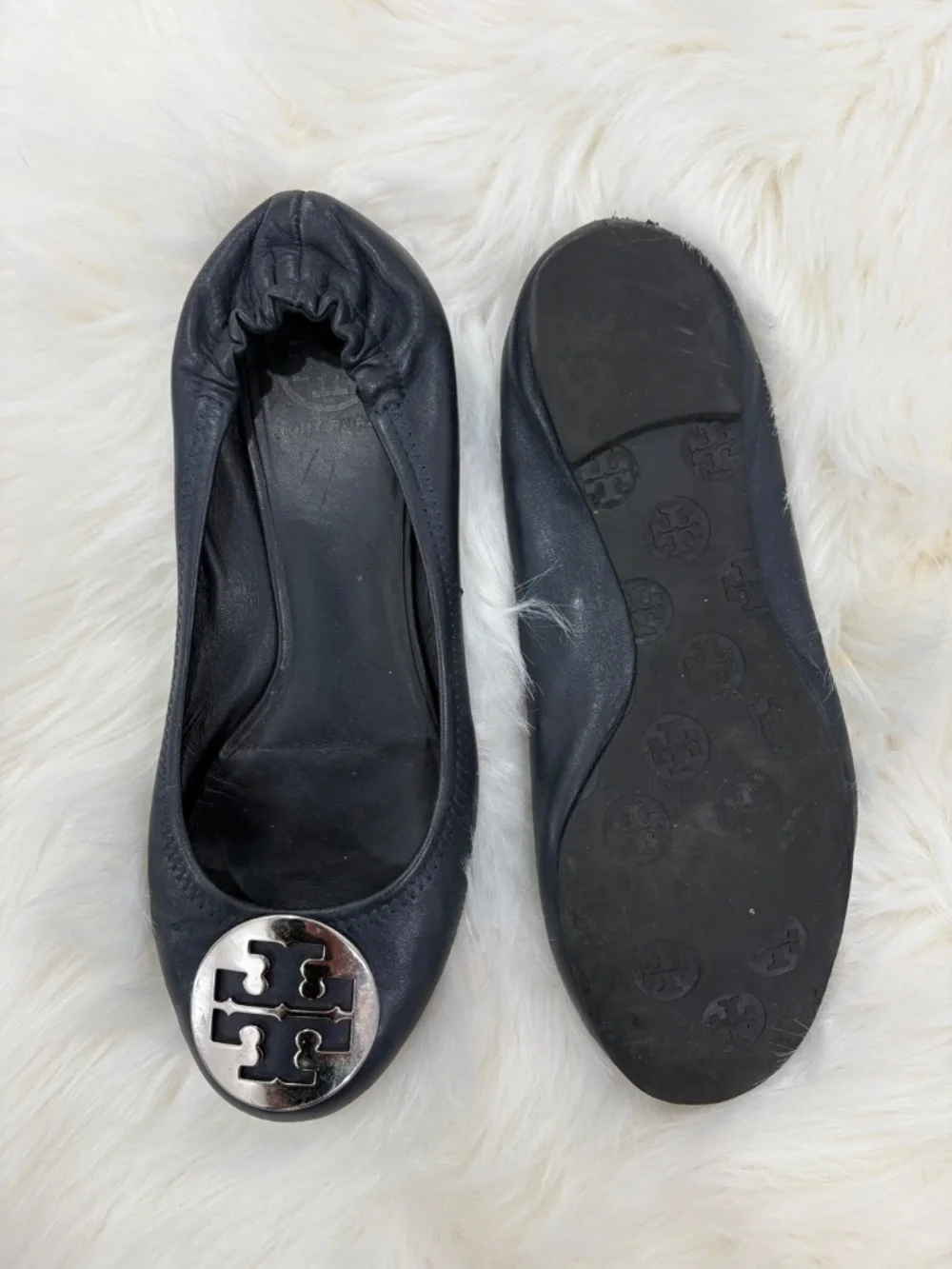Tory Burch Minnie Travel Ballet Flats - Size 9 - Dark Blue Leather